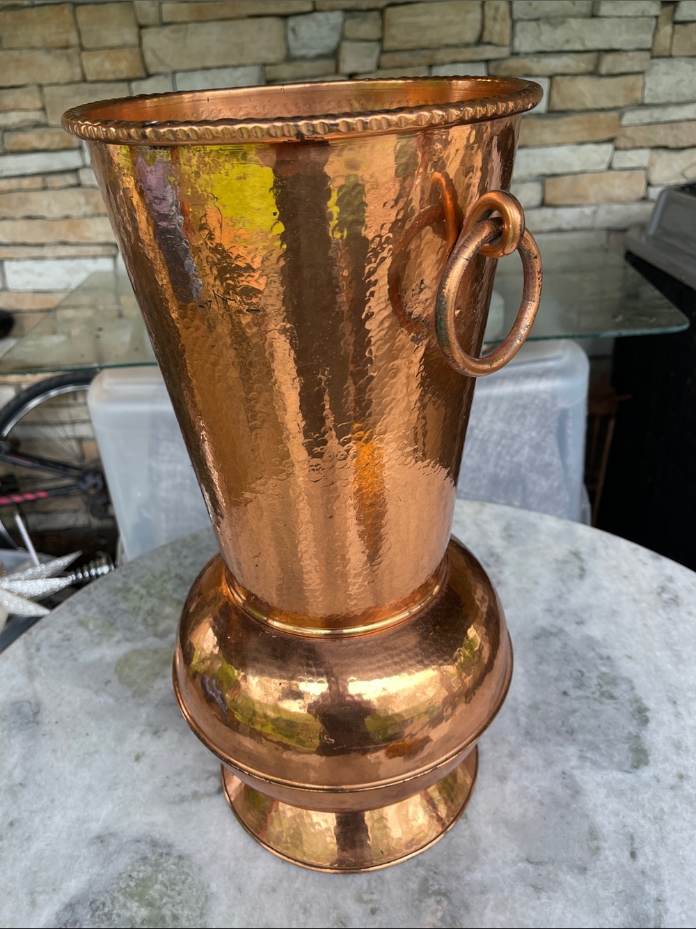 Hammered Copper Decorative Vase or umbrella holder with Ring Handles - Copper